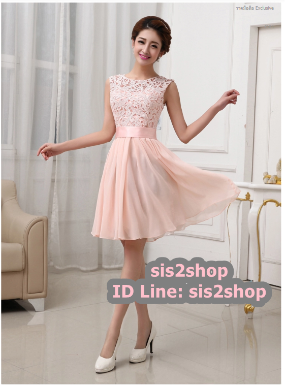 พร้อมส่ง ชุดราตรีสั้น สีชมพู แขนกุด ลูกไม้ฉลุ กระโปรงผ้าชีฟอง