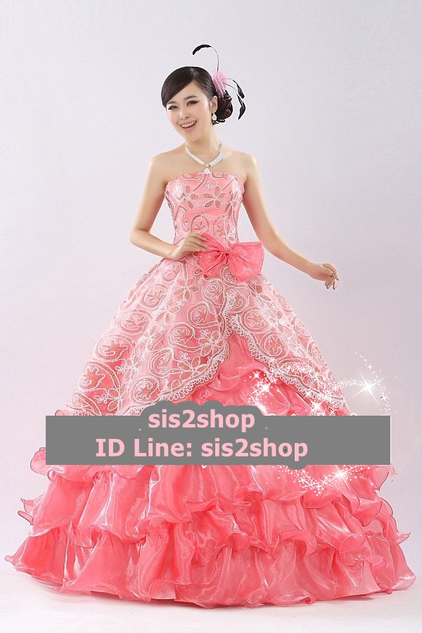 พร้อมเช่า ชุดแฟนซี ชุดราตรียาว สีโอโรส ผ้าแก้วพิมพ์ลายสวย กระโปรงแต่งระบาย