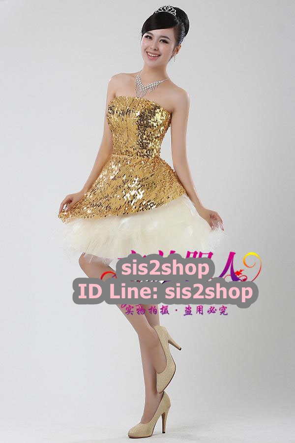 พร้อมส่ง ชุดราตรีสั้น เกาะอก สีทอง ช่วงอกผ้าปักเลื่อม กระโปรงผ้าโปร่ง ทรง Tutu วนิดา (เชือกผูกหลัง)