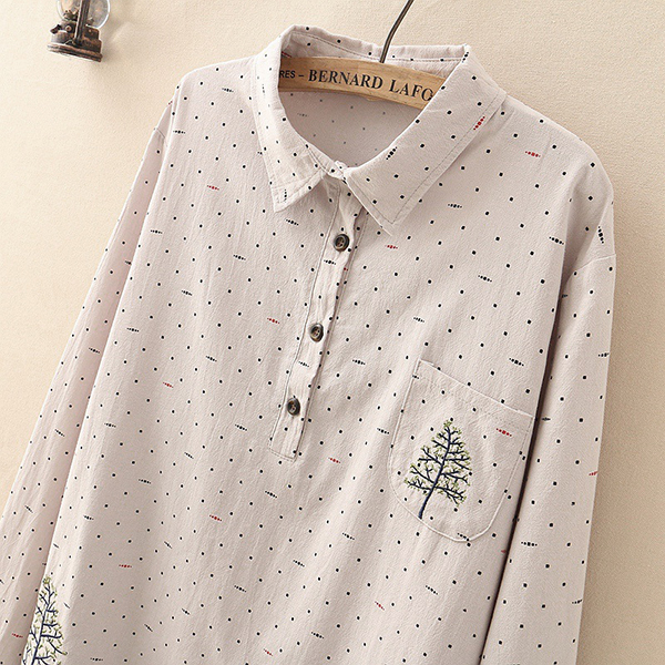 เสื้อเชิ้ตแฟชั่นญี่ปุ่น แขนยาว ปักลายต้นไม้วินเทจ (12113LM)