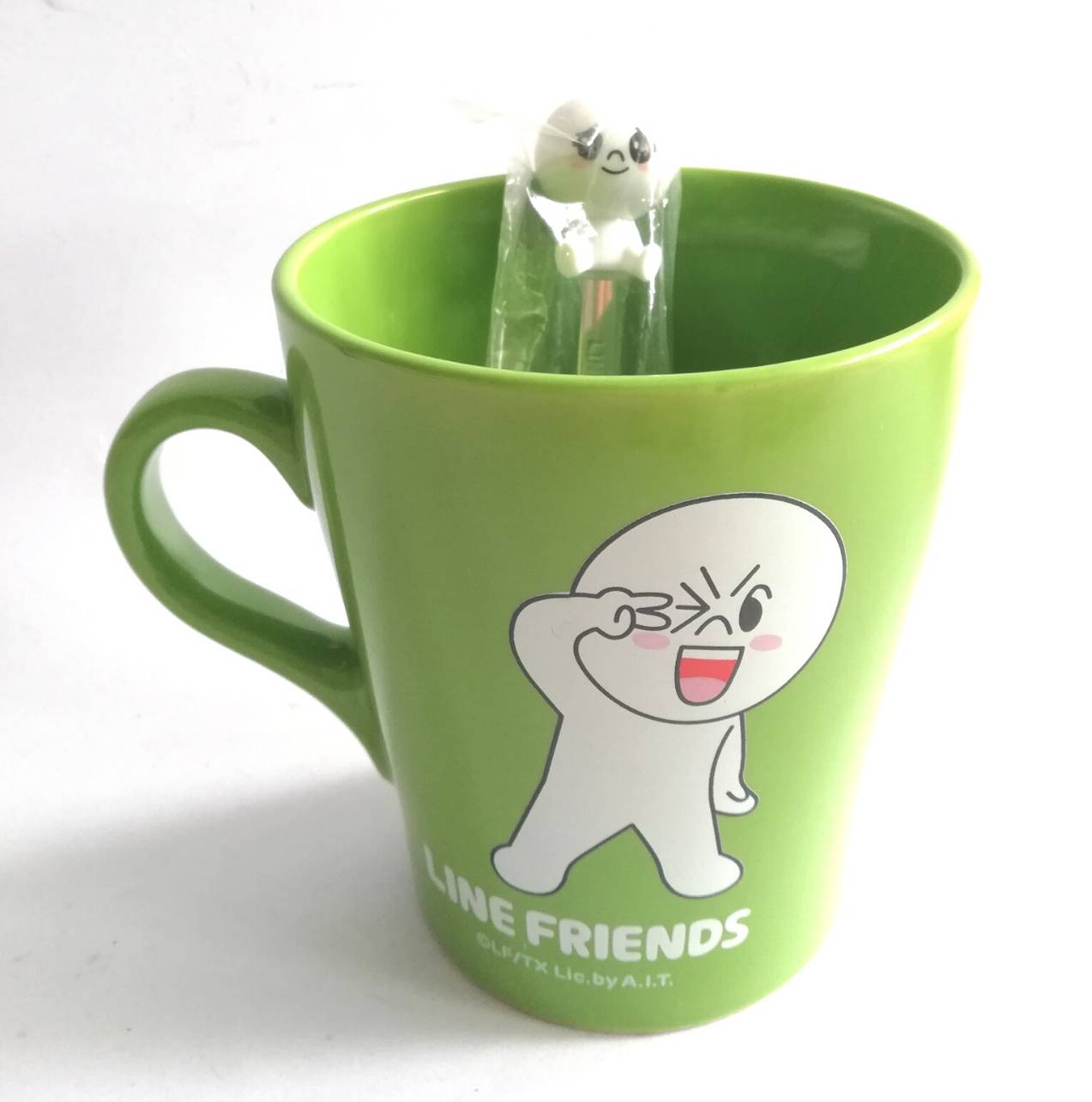 แก้วมักเซรามิกสีเขียว ลายตุ๊กตาไลน์ มูน Moon,Line Friends, พร้อมช้อนหัวมูน และกล่อง ของสะสมจาก7-11