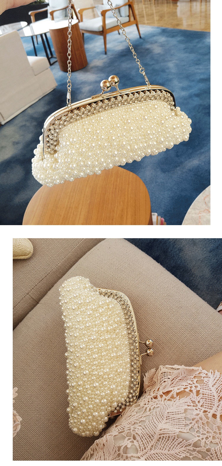 Evening Clutch กระเป๋าออกงาน แต่งมุกทั้งใบ คาดเพชรสวยหรู มาพร้อมกับสายโซ่สะพาย