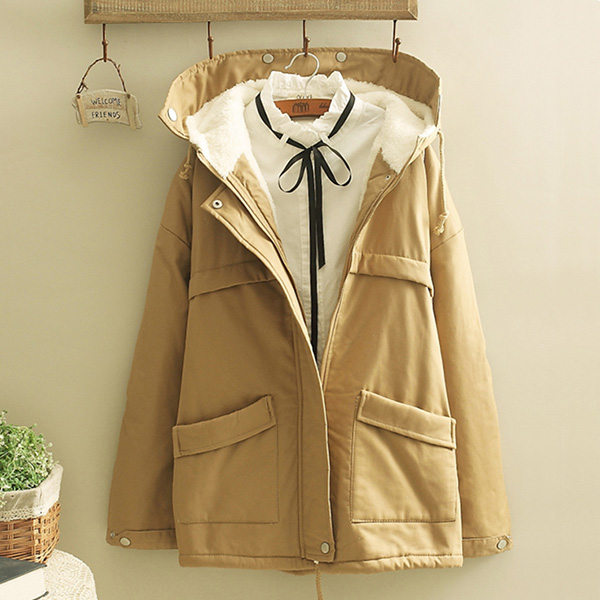 เสื้อโค้ทกันหนาววินเทจ มีฮู้ด ซับผ้าขนนุ่มใส่ติดลบได้ (12216LM)