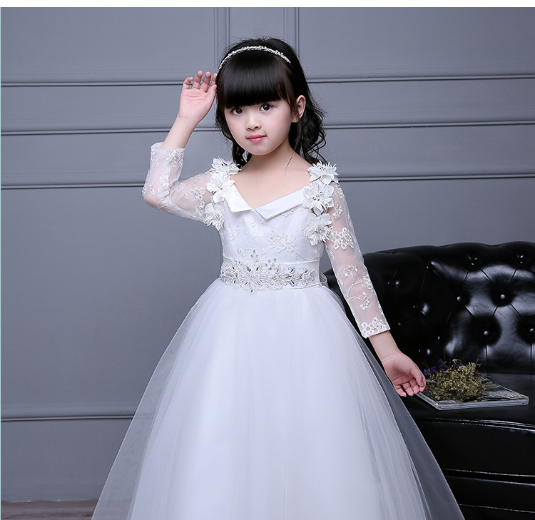 Pre-order ชุดราตรีเด็ก ชุดออกงาน ชุดกระโปรง สไตล์เจ้าหญิง แขนยาว คอกว้าง แต่งลูกไม้ กระโปรงตาข่ายฟู มีซิปหลัง