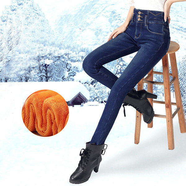 กางเกงยีนส์กันหนาว เอวสูง ทรงสลิม ซับกำมะหยี่ใส่ติดลบได้ (12223X)