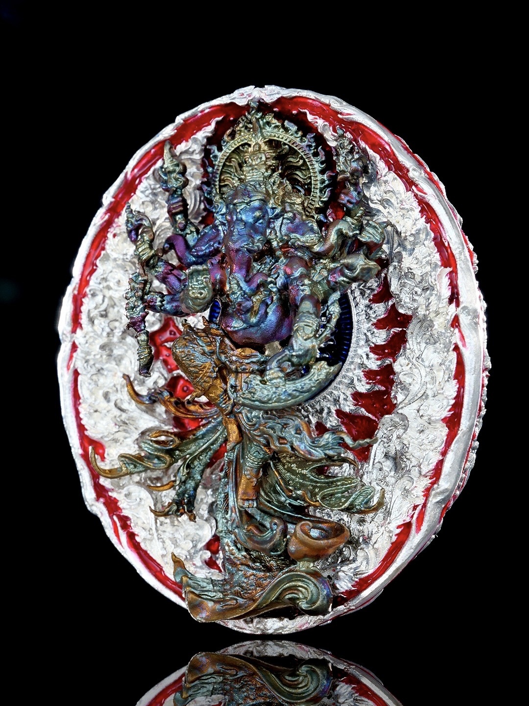 เหรียญพระพิฆเนศสุริยะเทพ สุริยาบินายัค Surya Binayak รายการพิเศษศูนย์จอง เนื้อบรอนซ์ชุบเงินลงยา องค์ชุบรุ้ง