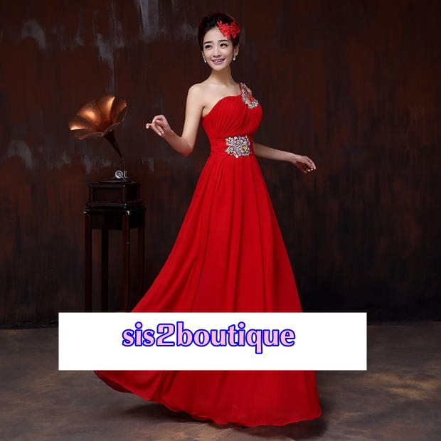 Pro-order ชุดราตรียาว ไหล่เดียว ผ้าชีฟอง แต่งเลื่อม แต่งมุก ช่วงเนินอกและเอว เชือกผูกหลัง