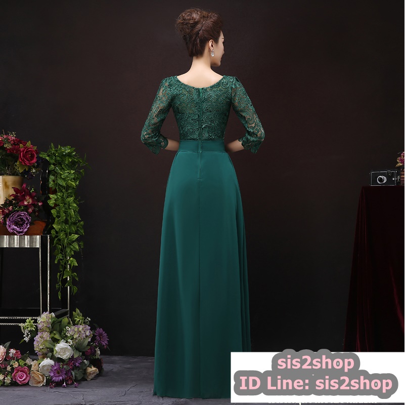 พร้อมส่ง ชุดราตรียาว สีเขียว แขนสามส่วน ลูกไม้ฉลุ กระโปรงผ้าชีฟอง