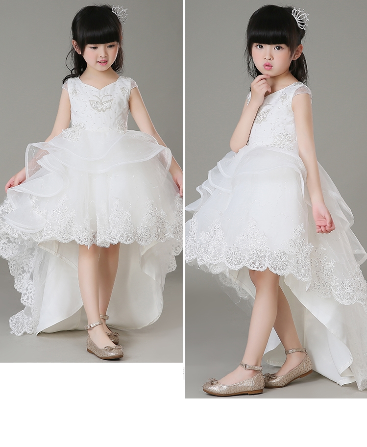 Pre-order ชุดราตรีเด็ก ชุดออกงาน ชุดกระโปรงสไตล์เจ้าหญิง แขนสั้น คอวี แต่งลูกไม้ กระโปรงผ้าแก้ว แต่งลูกไม้ชายกระโปรง ปล่อยชายด้านหลัง มีซิป