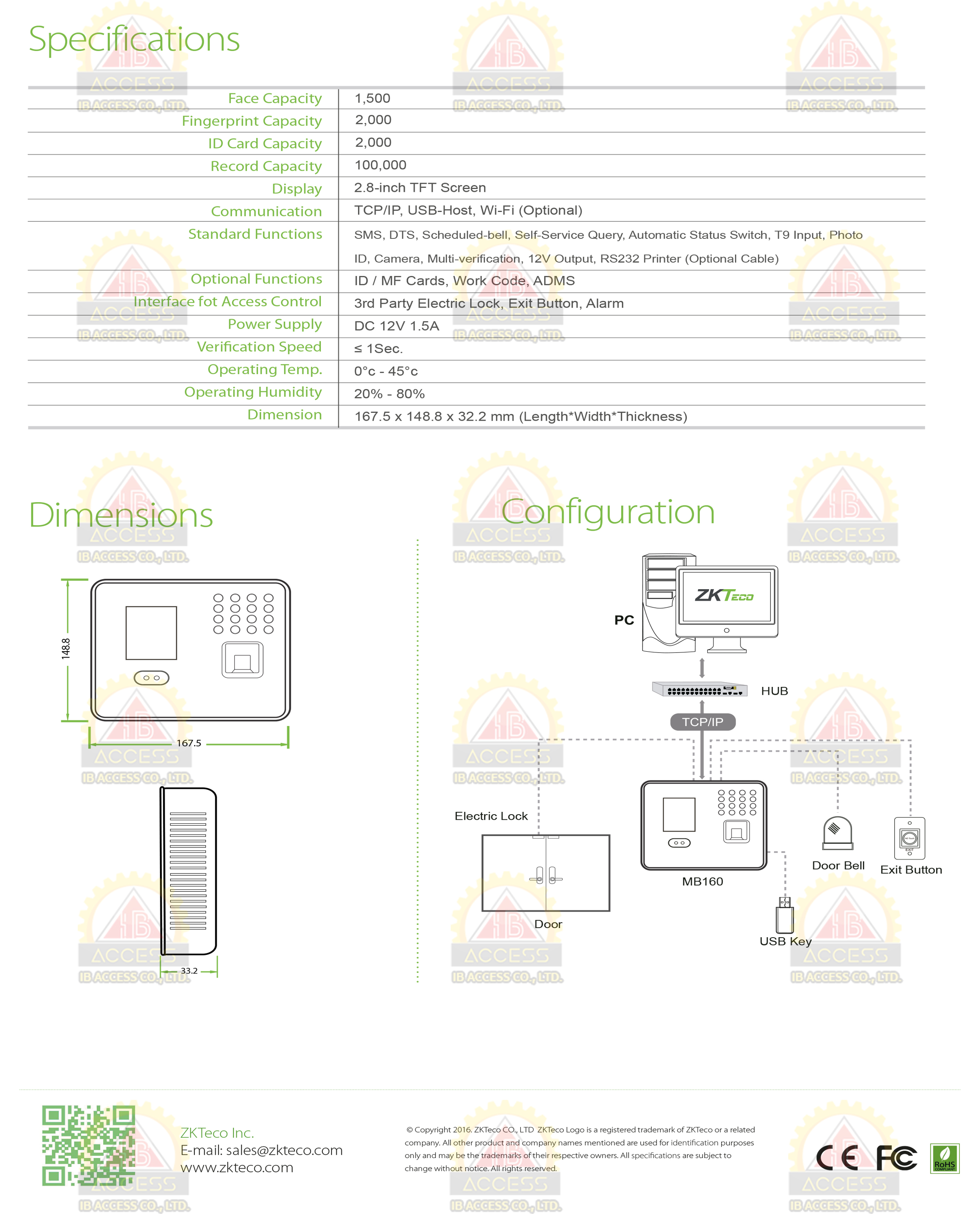 เครื่องสแกนใบหน้า ยี่ห้อ ZKTeco รุ่น MB160