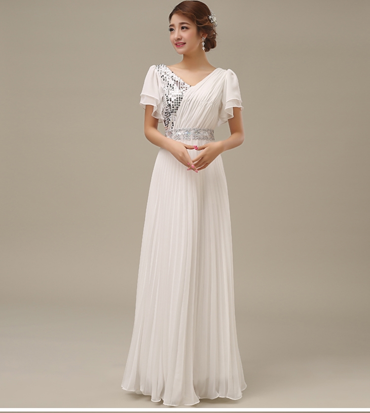 Pre-order ชุดราตรียาว คอวี แขนระบาย ผ้าชีฟอง อัดพลีท แต่งเลื่อม มีซิป ไซส์ใหญ่ XL - 6XL