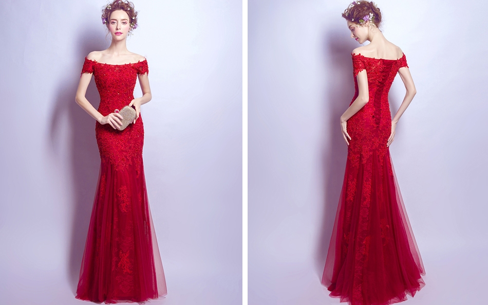 Pre-order ชุดแฟนซี ชุดเจ้าสาว ชุดราตรี สีไวน์แดง ปาดไหล่ ผ้าลูกไม้ เชือกผูกหลัง