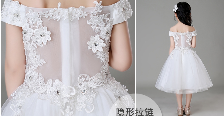 Pre-order ชุดราตรีเด็ก ชุดออกงาน ชุดกระโปรง สไตล์เจ้าหญิง แบบไหล่ปาด ผ้าลูกไม้ แต่งเพชรช่วงอก กระโปรงตาข่าย มีซิปหลัง