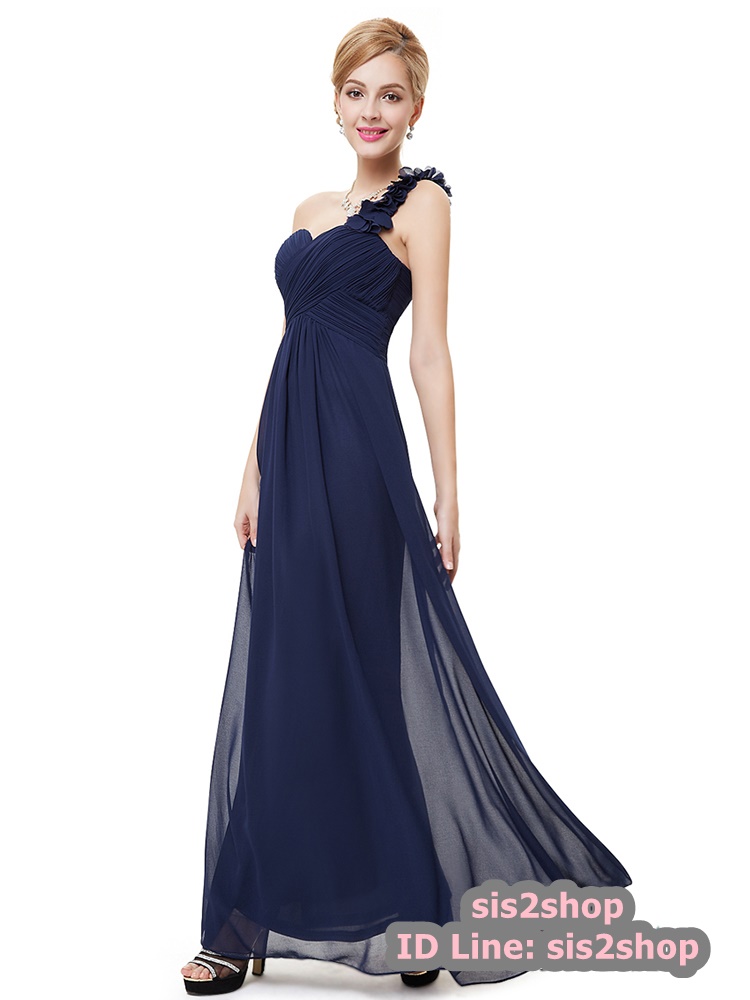 พร้อมส่ง ชุดราตรียาว เกาะอก ไหล่เดียว สีกรมท่า จับเดรปไขว่ช่วงหน้าอก แต่งดอกไม้ช่วงไหล่ (XL- 4XL)