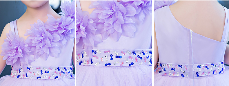 Pre-order ชุดราตรีเด็ก สีม่วง ไหล่เฉียง แต่งดอกไม้ ปักเลื่อมคาดเอว กระโปรงพองสวย ซิปหลัง