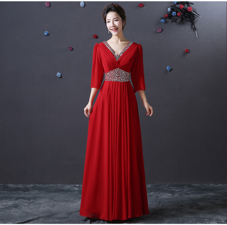 Pro-order ชุดราตรียาว แขน4ส่วน คอวีลึก จับจีบ ปักเลื่อม ซิปหลัง ไซส์ใหญ่ XS-4XL