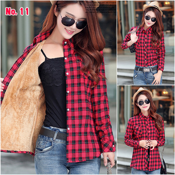 เสื้อเชิ้ตกันหนาว ผ้าทอลายสก็อตซับผ้าขนนุ่มเต็มตัว (11358AL)