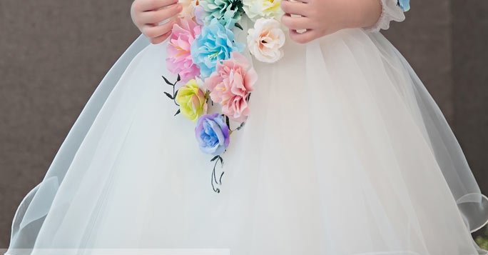 Pre-order ชุดแฟนซี ชุดกระโปรง แขนยาว แต่งดอกไม้สามมิติหลากสี กระโปรงผ้าแก้ว ซิปหลัง