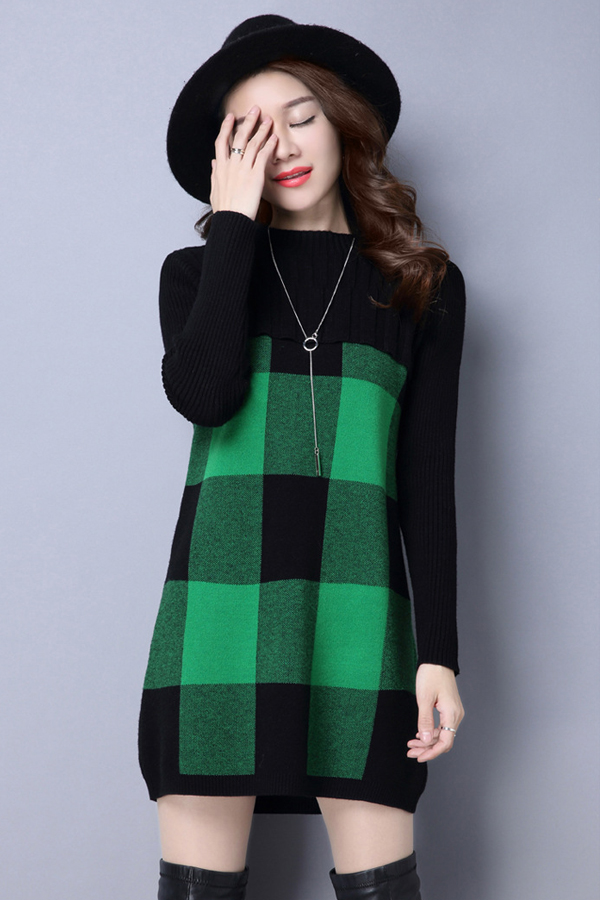 เดรสไหมพรมคอเต่า แขนยาว ถักลายตาราง (12219B)