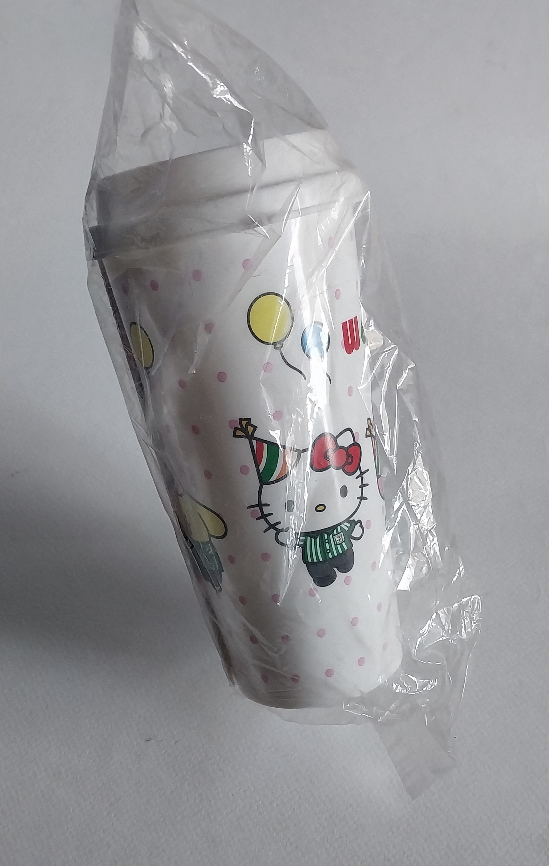 แก้วน้ำอัดลม ขนาดประมาณ 18 ออนซ์ ของสะสมจาก 7-11 Sanrio Collection สี ขาวลายจุดชมพู ลายรวมการ์ตูน Sanrioใส่เสื้อ 7-11 : คิตตี้ ,มายเมโลดี,กบเคโระ ,ปอมปอม ปุริน,แบตสึมารุ