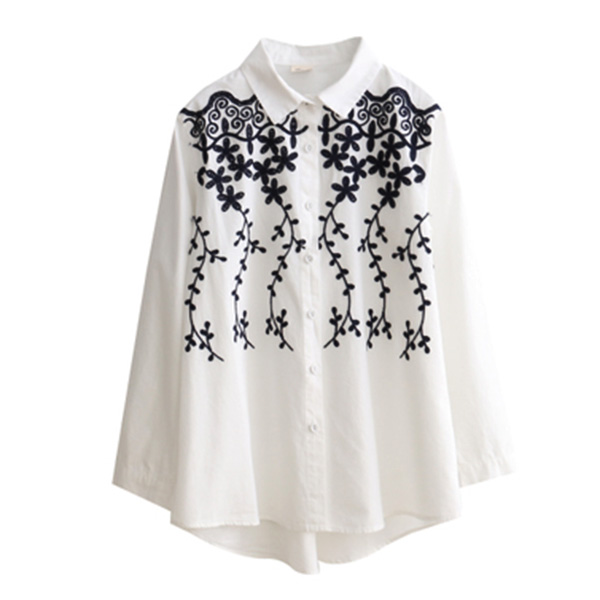 เสื้อเชิ้ตแขนยาว ปักลายดอกไม้สไตล์วินเทจ (12105LM)