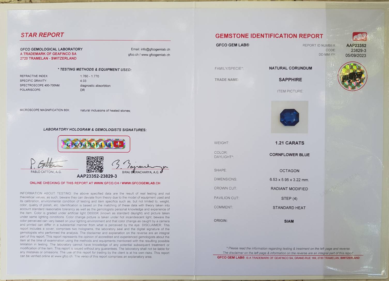 ไพลิน (Blue Sapphire) 1.21 กะรัต (Cts.) สีพิเศษ คอนฟลาวเวอร์ บลู (Cornflower Blue) พร้อมใบเซอร์ 2 ใบ พลอยแท้ อัญมณีมงคลประจําวันเกิด เครื่องประดับพลอย
