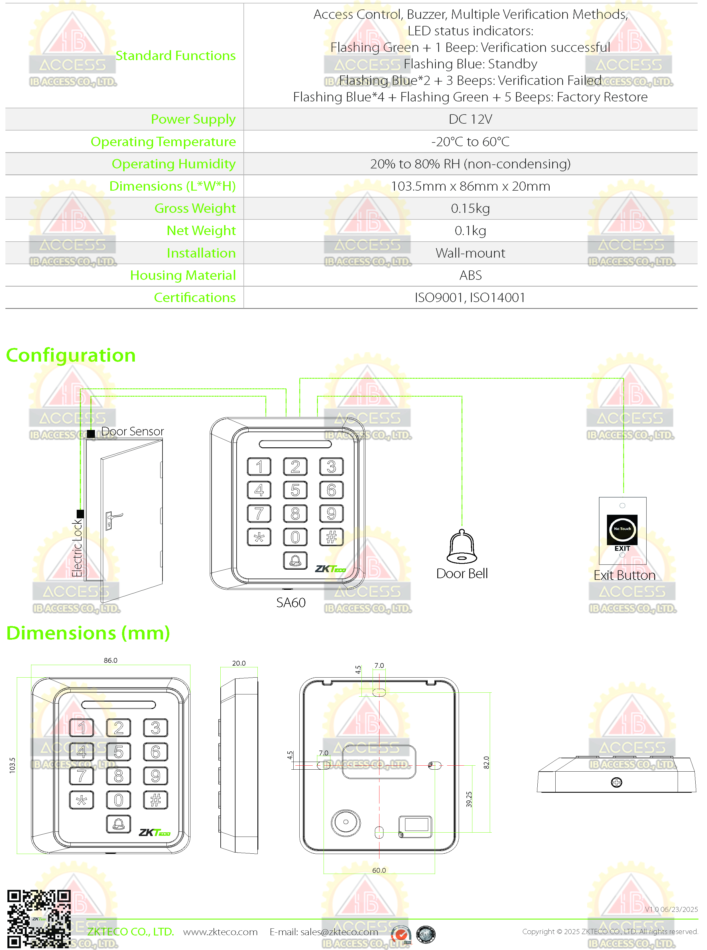 เครื่องทาบบัตร ยี่ห้อ ZKTeco รุ่น SA60 รองรับระบบ Access Control