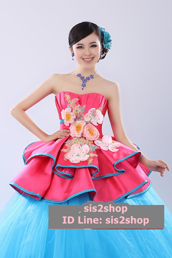 พร้อมเช่า ชุดแฟนซี ชุดราตรียาว สีฟ้า แต่งระบายสีบานเย็นสวย สองชั้น