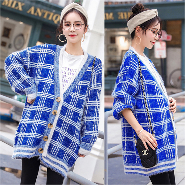 Premium Cardigan เสื้อคลุมไหมพรมขนนุ่ม คอวี ถักลายตาราง (12276B)