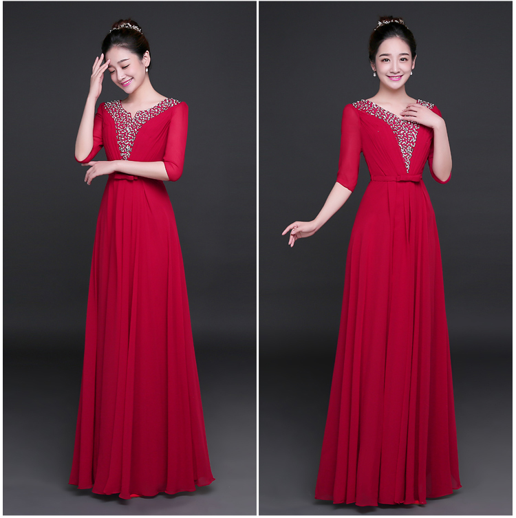 Pro-order ชุดราตรียาว แขน3ส่วน ผ้าชีฟอง ปักเลื่อม ซิปหลัง ไซส์ใหญ่ XS-4XL สำเนา