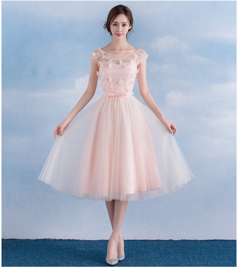 Pre-order ชุดราตรีสั้น ชุดเพื่อนเจ้าสาว ช่วงบนตกแต่งด้วยผ้าลูกไม้ คาดโบว์ที่เอว กระโปรงตาข่าย มีหลายแบบ สีชมพู (เชือกผูกหลัง)