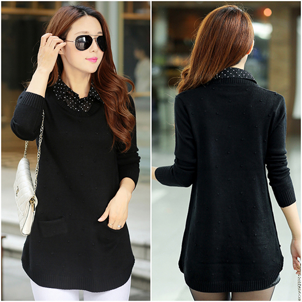 เสื้อสเวตเตอร์ไหมพรม คอปกเชิ้ตลายจุด แต่งกระเป๋าคู่ (12217B)