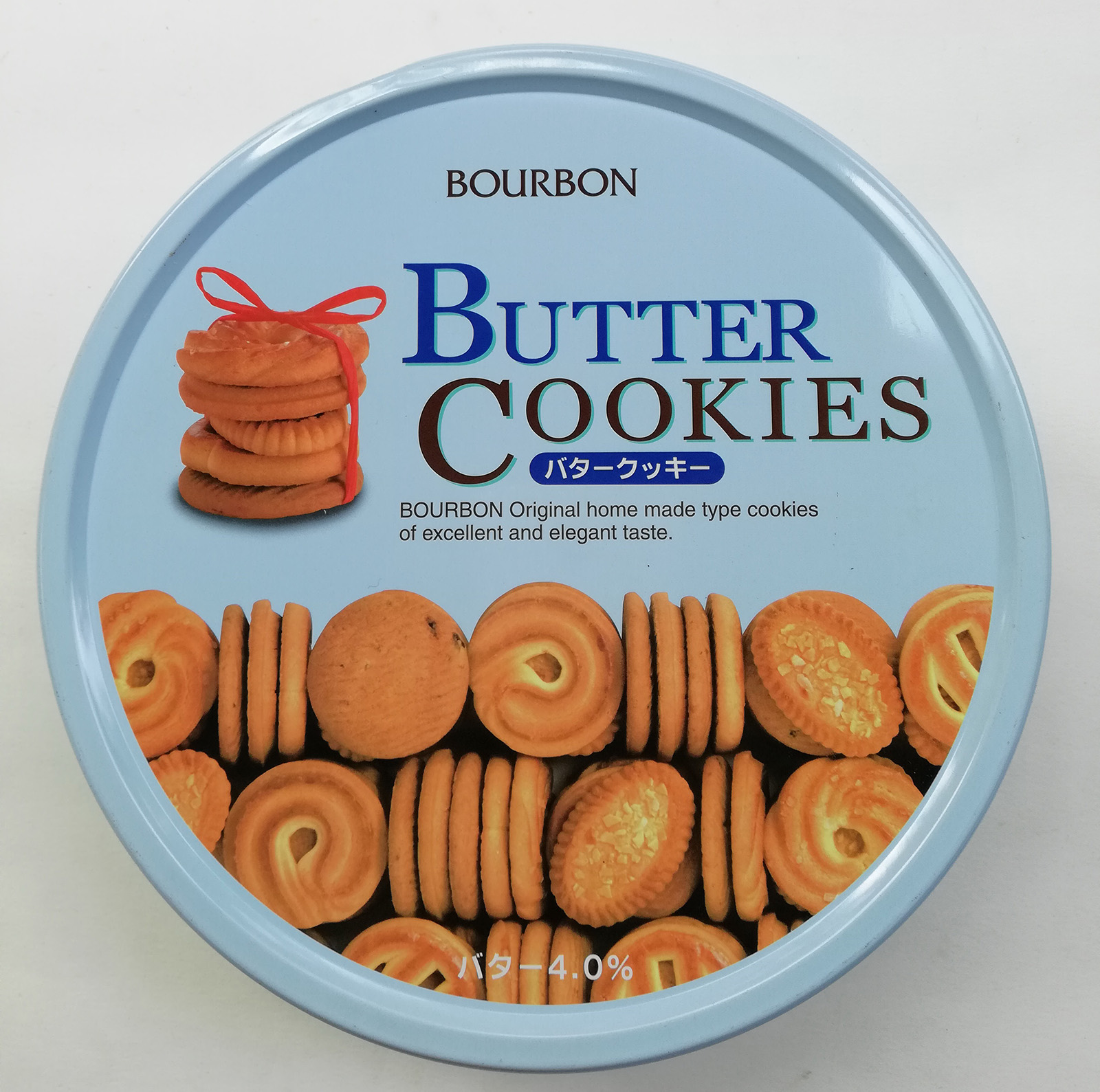ของสะสม กล่องสังกะสี (กล่องโลหะ) **ฝาปิดไม่สนิท กล่องคุ้กกี้จากญี่ปุ่น กล่องสีฟ้า ยี่ห้อ BOURBON BUTTER COOKIES , ORIGINAL HOMEMADE TYPE COOKIES OF EXCELLENT AND ELEGANT TASTE