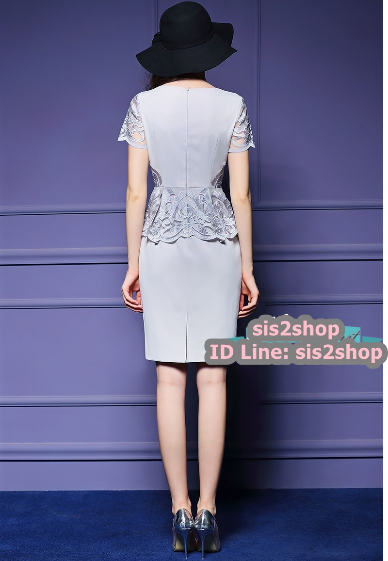 พร้อมส่ง ชุดเดรส/ชุดออกงาน แขนสั้น สีเทา ผ้าโพลีเอสเตอร์ ตัดเย็บละเอียด จับจีบช่วงเอวช่วยพรางหน้าท้อง (ซิปหลัง) ** เหลือเฉพาะไซส์ 2XL **