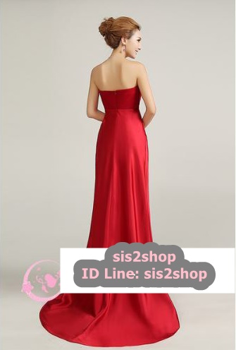 พร้อมส่ง ชุดราตรียาว เกาะอก ทรงหางปลาสีไวน์แดง อกจับจีบรอบตัวผ้าชีฟอง มีโบว์ช่วงเอว ทิ้งชายด้านหน้า กระโปรงเป็นผ้ามัน สวยหรู (ซิปหลัง)