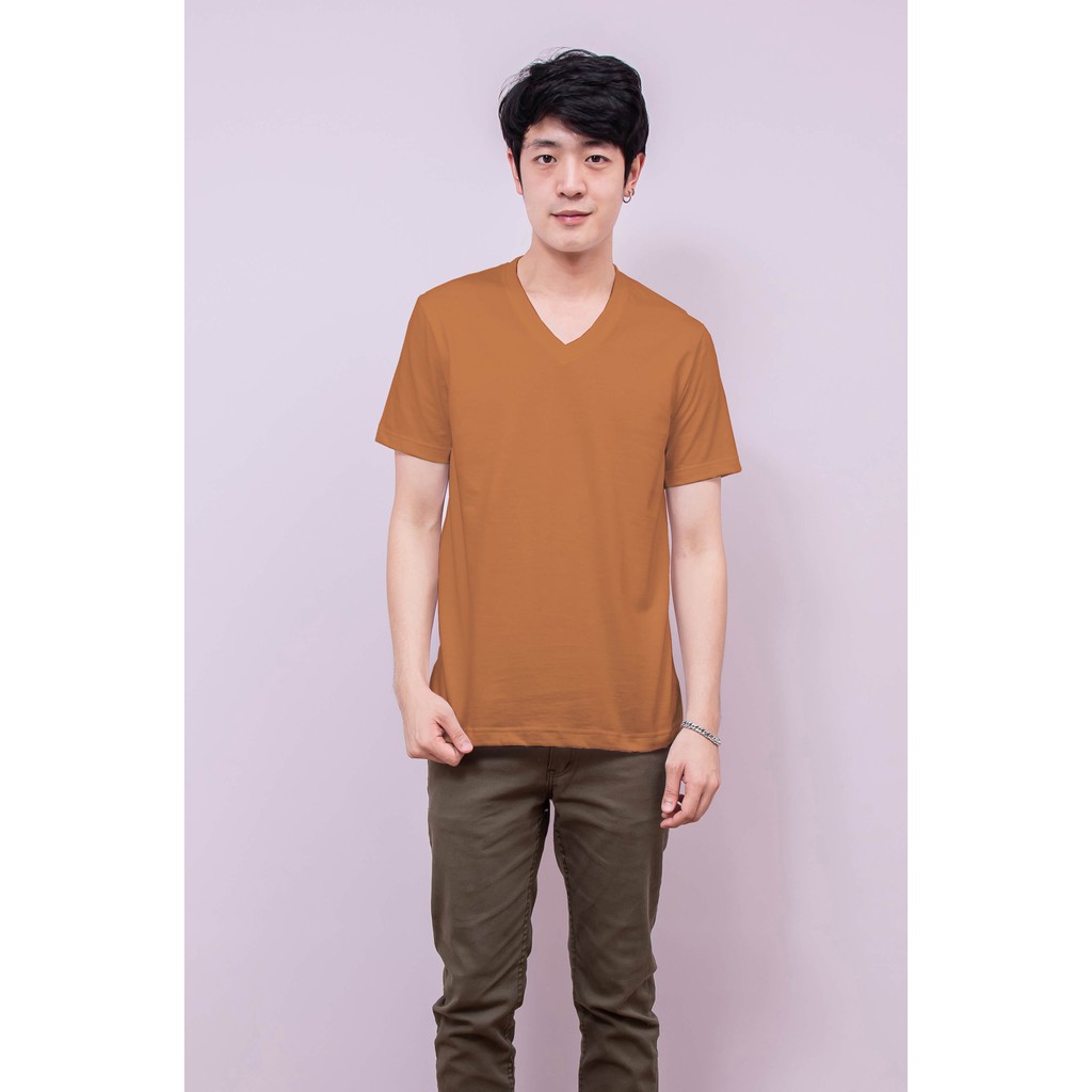 เสื้อยืด OV102 คอวี ผ้าCotton100% 32 เนื้อนุ่ม ใส่สบาย สีเอสเปรสโซ