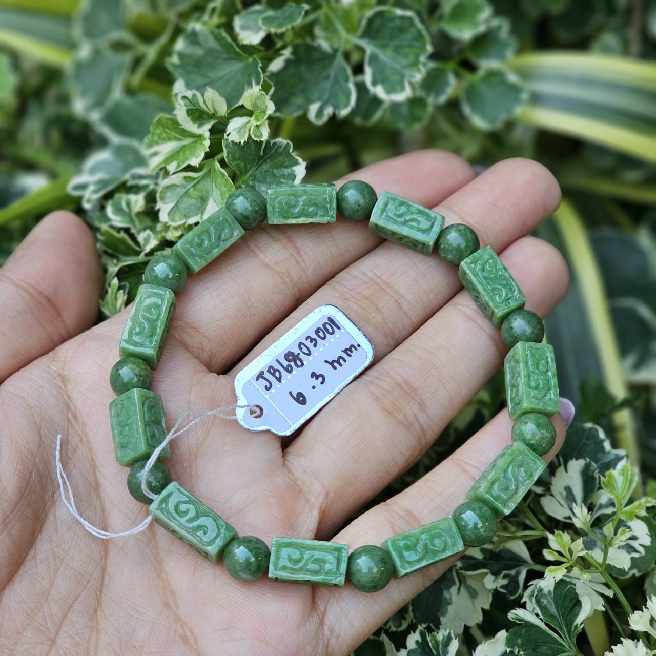 ๋JB6803001 หยก พม่า แท้ Jade กำไล ประคำหยกแกะสลัก 6.3 มม. (Jadeite Beads Bracelet) พม่า (Myanmar)