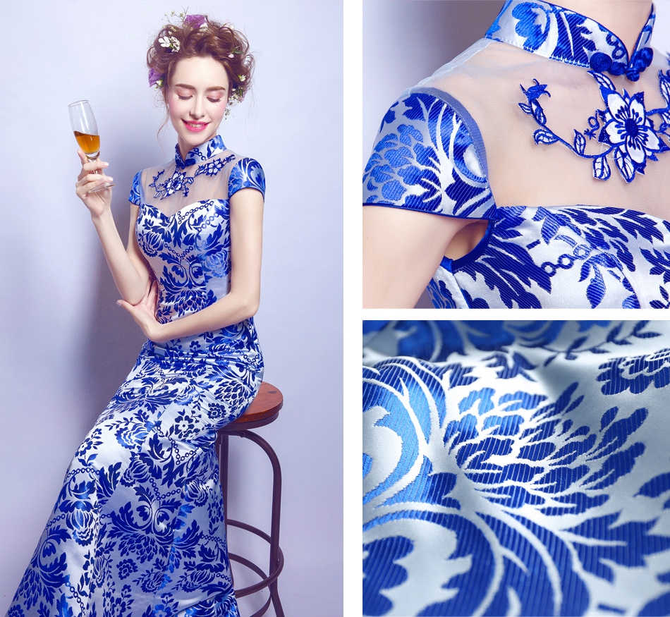 Pre-order ชุดแฟนซี ชุดราตรียาว คอจีน สีน้ำเงิน ทรงหางปลา สวยหรู