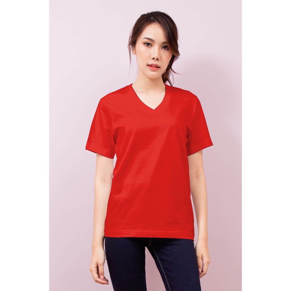 เสื้อยืด OV102 คอวี ผ้าCotton100% 32 เนื้อนุ่ม ใส่สบาย สีแดงอมส้ม