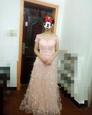 Pre-order ชุดแฟนซี ชุดเจ้าสาว ชุดราตรี สีชมพูโอรส แขนกุด ผ้าลูกไม้ เชือกผูกหลัง