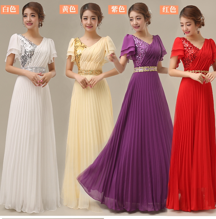 Pre-order ชุดราตรียาว คอวี แขนระบาย ผ้าชีฟอง อัดพลีท แต่งเลื่อม มีซิป ไซส์ใหญ่ XL - 6XL