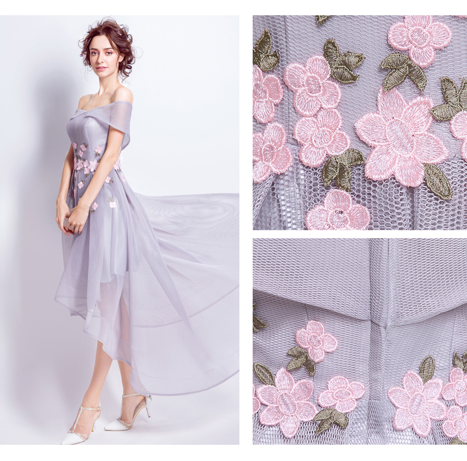 Pre-order ชุดแฟนซี ชุดเจ้าสาว ชุดราตรีสั้น สีเทา ไหล่ปาด หน้าสั้นหลังยาว แต่งดอกไม้ ซิปหลัง