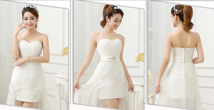 Pre-order ชุดราตรีเกาะอก สีขาว หน้าสั้นหลังยาว จับจีบ แต่งเพชรคาดเอว มีซิป