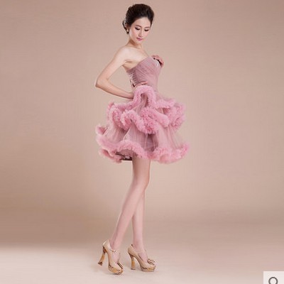 Pre-order ชุดราตรีสั้น เกาะอก จับจีบช่วงอก แต่งเลื่อม กระโปรงผ้าชีฟอง เชือกผูกหลัง