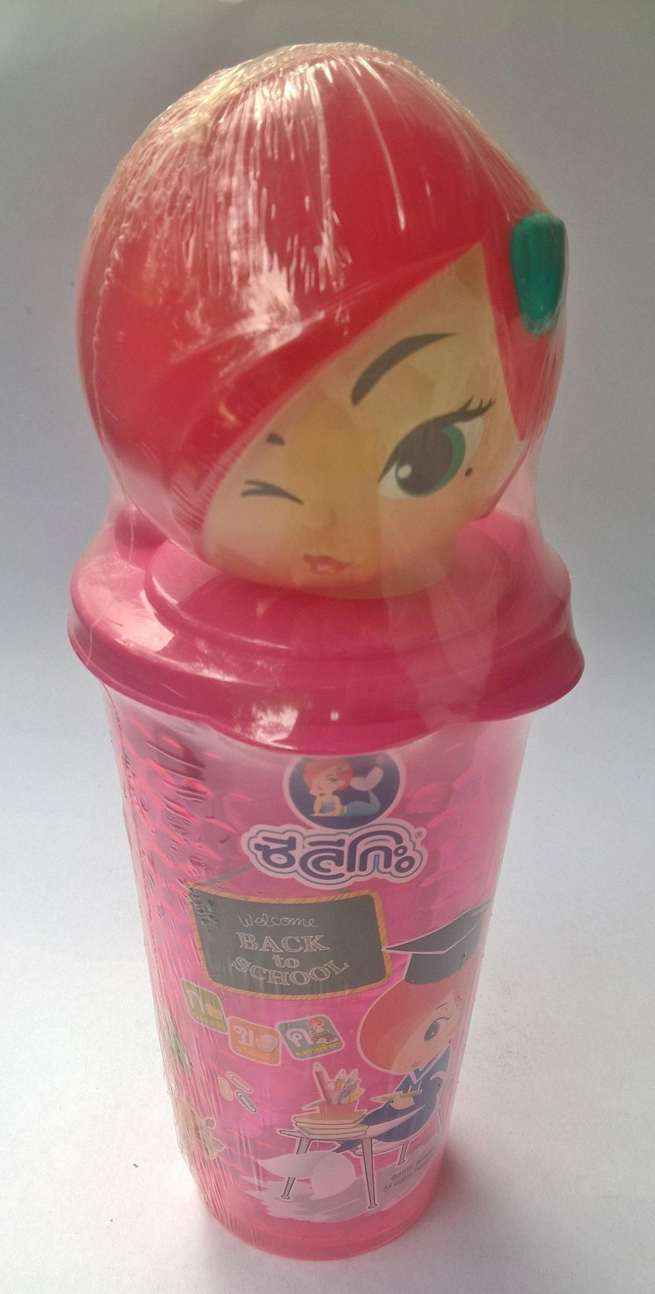 แก้วน้ำสำหรับสะสม**ไม่ควรทานสาหร่ายในแก้ว ตรา"Seleco",ของสะสมจากสาหร่ายแบรนด์ซีลีโกะ "แก้วน้ำสีชมพูพร้อมท็อปเปอร์หัวมาสค๊อตสาวผมแดง"