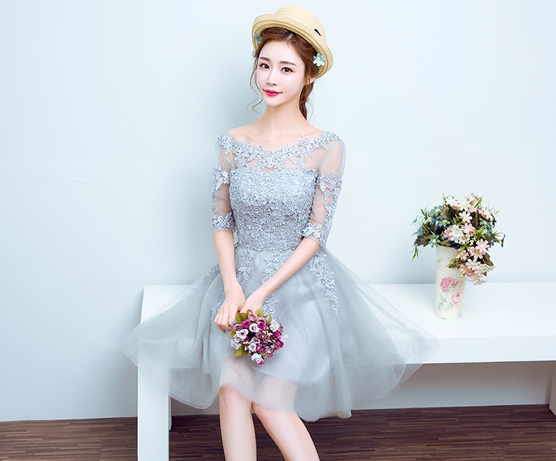 Pre-order ชุดราตรีสั้น แขนสี่ส่วน ผ้าตาข่าย แต่งด้วยผ้าลูกไม้ สวยหรู เชือกผูกหลัง