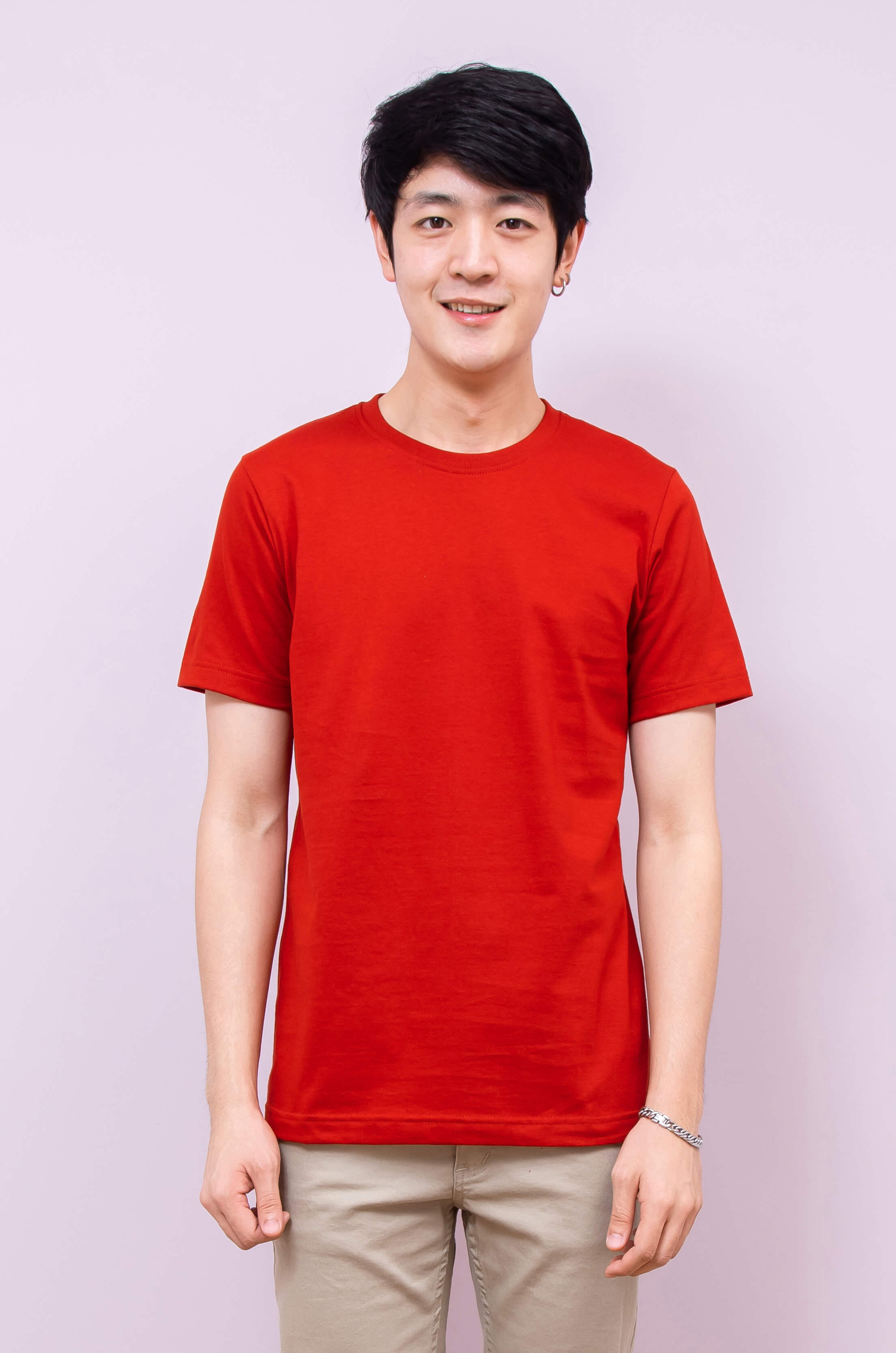 เสื้อยืด OV101 คอกลม ผ้าCotton100% 32 เนื้อนุ่ม ใส่สบาย สีแดงอมส้ม