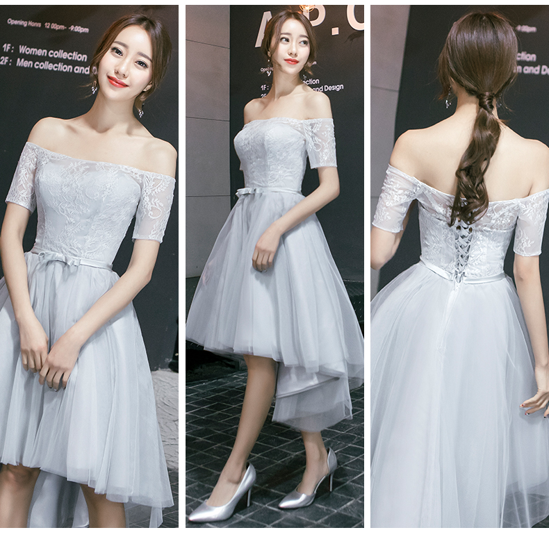 Pre-order ชุดเพื่อนเจ้าสาว สีเทา กระโปรงตาข่าย เชือกผูกหลัง