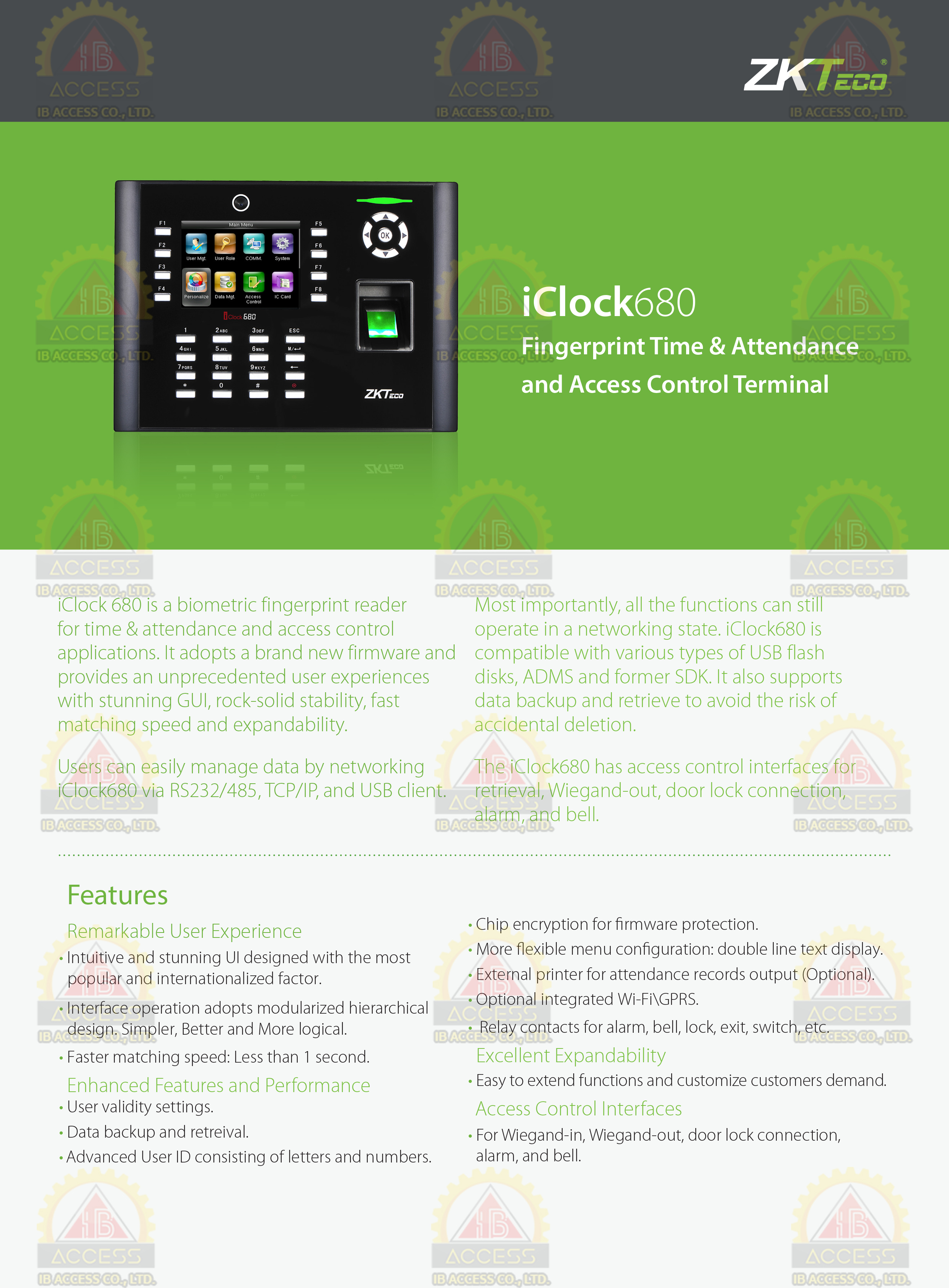 เครื่องสแกนลายนิ้วมือ ยี่ห้อ ZKTeco รุ่น lClock680 รองรับระบบ Access Control