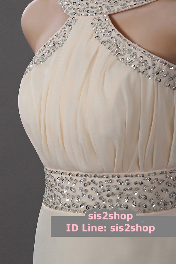 พร้อมส่ง ชุดราตรีสั้น คล้องคอ เว้าไหล่ สีครีม ปักเลื่อมละเอียดช่วงอก คอและเอว